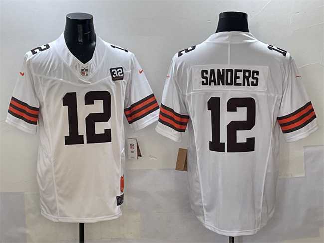 Men%27s Cleveland Browns #12 Shedeur Sanders White 2025 Draft F.U.S.E. With Jim Brown Memorial & Home Patch Vapor Limited Stitched Jersey->las vegas raiders->NFL Jersey